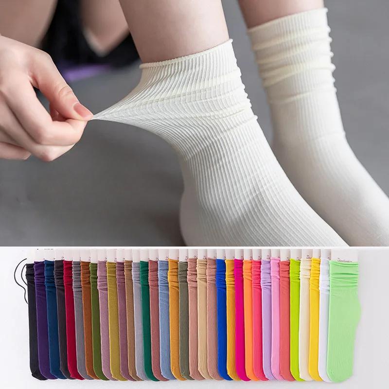 One Pairs Japanese Korean Women Ice Thin Loose Calf Tube Socks Summer Nylon Socks Fashion College Style Solid Color Socks
