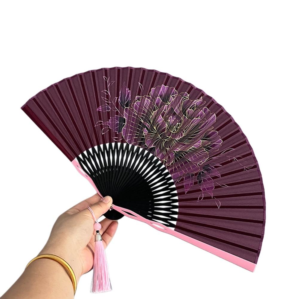 Bamboo Frame Folding Hand Fan Peony Flower Dance Fan Gentle Design Retro Handheld Fan Gift Giving