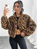 Women's Leopard Print Long Sleeve Fleece Short Coat Autumn Winter Loose Casual Zipper Jackets Halter Neck Outerwears