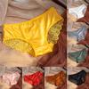 Women Bowknot Spaghetti Strap Satin Panties Mid Waist Hollow Out Lace Briefs Solid Color Seamless