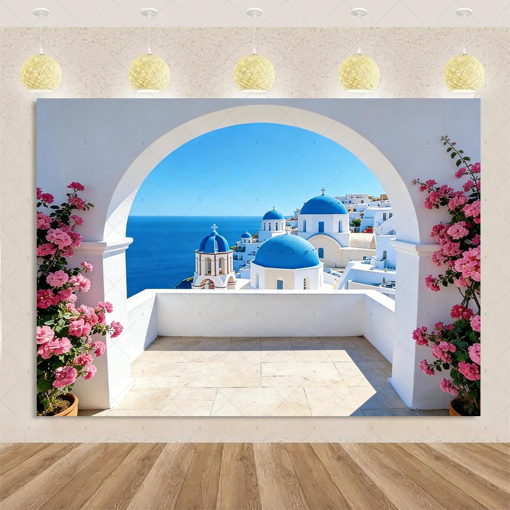 Nordic Greek Landscape Home Party Decorations Santorini Island Town Blue Dome Church Santorini Aegean Sea Photography Backdrop