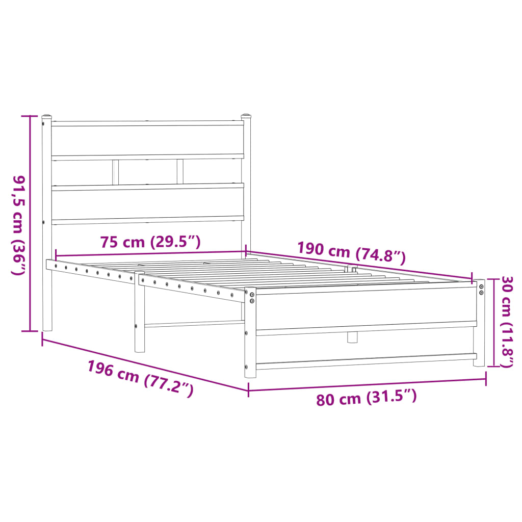 Metal Bed Frame without Mattress Oak Look 75 x 190 cm