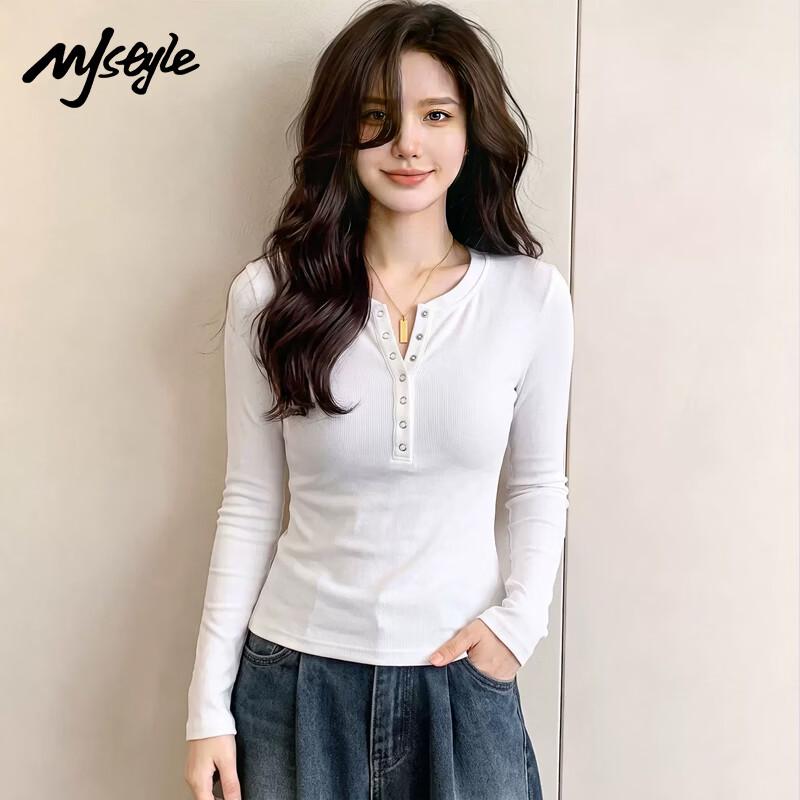 Женская облегающая футболка с длинным рукавом и воротником- Henley в стиле MJ