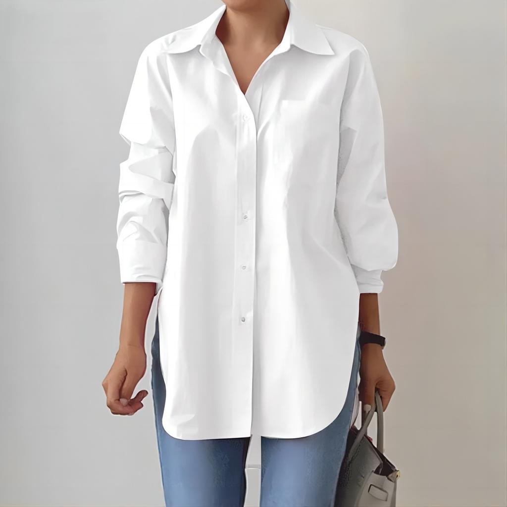 Spring Elegant Blouse Stylish Women Lapel Neck Long Sleeve Shirt Loose Solid Split Hem Tops Oversize Work Blusas Plus Size