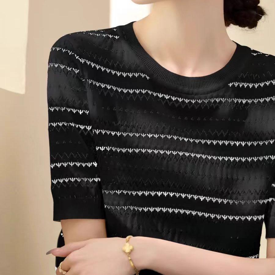 Полые полосатые Ice Silk короткие рукава трикотажная женская футболка летний новый универсальный круглый вырез горловины