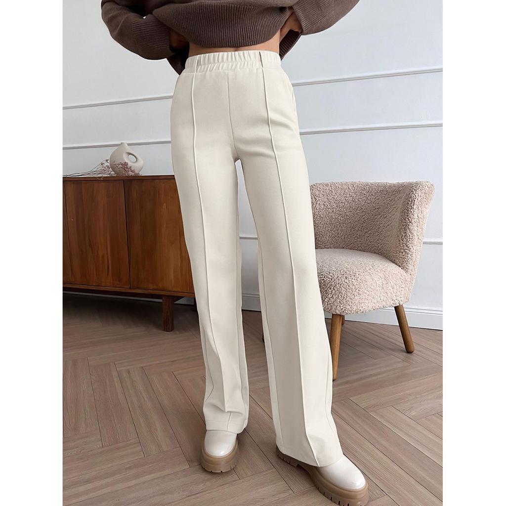 Women Wide Legs Pants Elastic High Waist Overlap Stitch Pure Color Casual Pants for Daily Wear