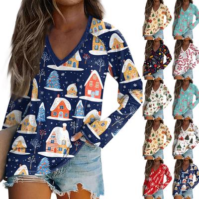 Женская футболка с длинным рукавом и V-образным вырезом с рождественским принтом, повседневные базовые топы