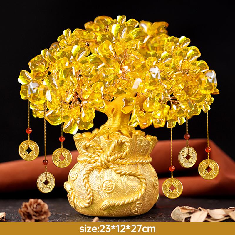 Золотое украшение в виде дерева удачи, желтое хрустальное денежное дерево, китайский фэн-шуй, украшение для дома и офиса, трясущееся дерево богатства, подарки на удачу