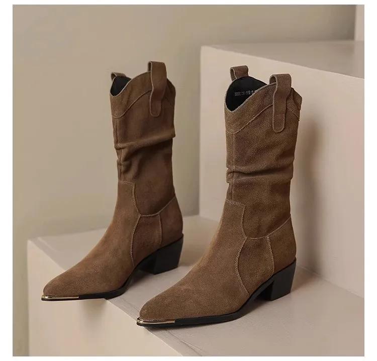 Autumn Winter Classic Chelsea Boots for Woman Suede Pointy Toe Wedge Heel Ankle Boots Simple Comfortable Cowboy Botas Female