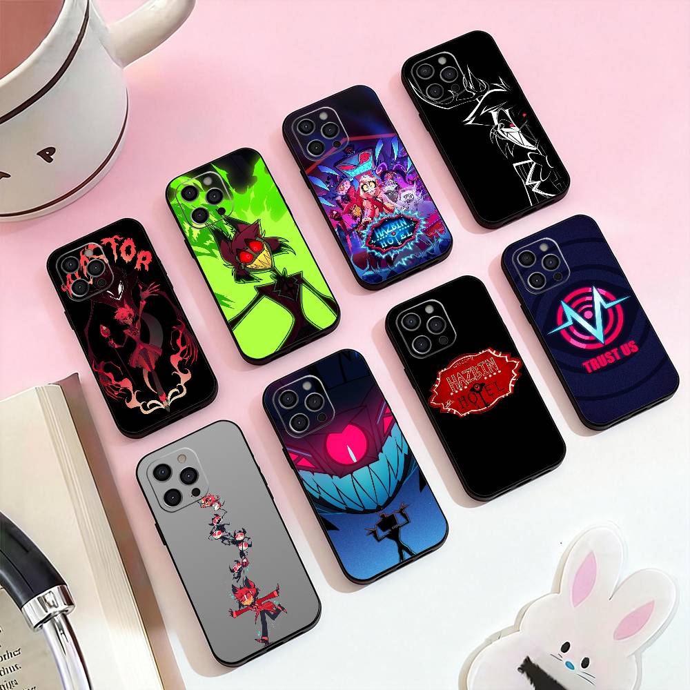 H-Hazbin Hotel Phone Case For iPhone 17,16,15,14,13,12,11 Plus,Pro Max,Soft Silicone Black Cover