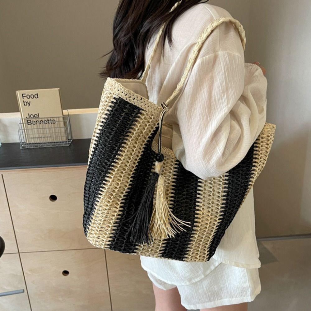 Beach Straw Crochet Bag Summer Women's Handbags Fashion Striped Shoulder Bag Travel