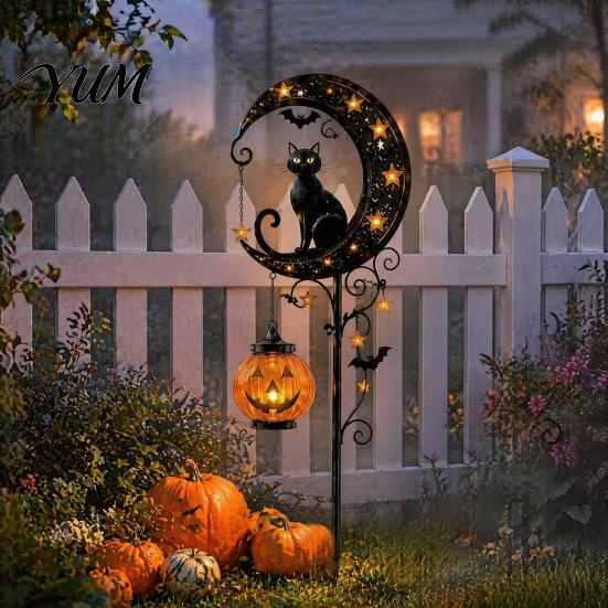 Automatic Dusk to Dawn Pathway Lighting Solar Halloween Black Cat & Pumpkin Moon Garden Stake Light, Waterproof on Warm Atmosphere Lights for
