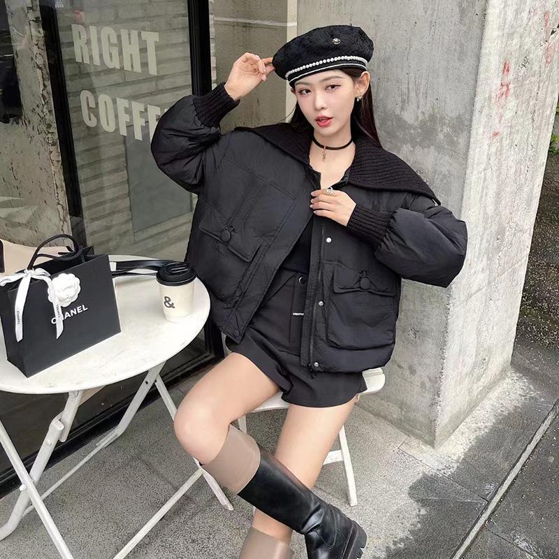 Knitted lapel down jacket women's short 2024 winter fashion splicing warm white duck down small trendy coat