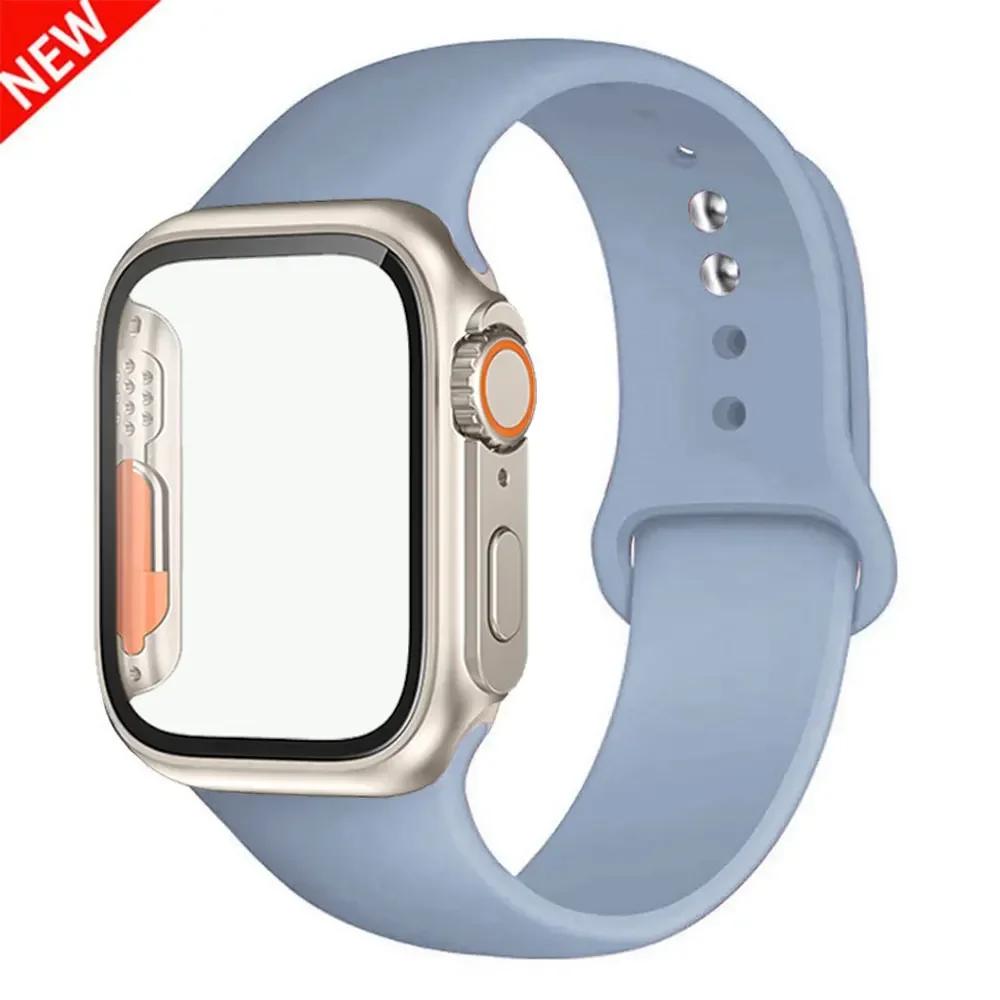 Силиконовый ремешок+Чехол для Apple Watch Band 44 мм 45 мм 41 мм 40 мм Закаленное стекло Cover Изменить на Ultra iWatch Series 9 8 7 SE 6 5 3