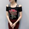 Streetwear Girl Summer Chic Clothes Mesh T-Shirts Shiny Flower Hot Diamonds Women's Tops New Sexy Off Shoulder Short Sleeve Tees