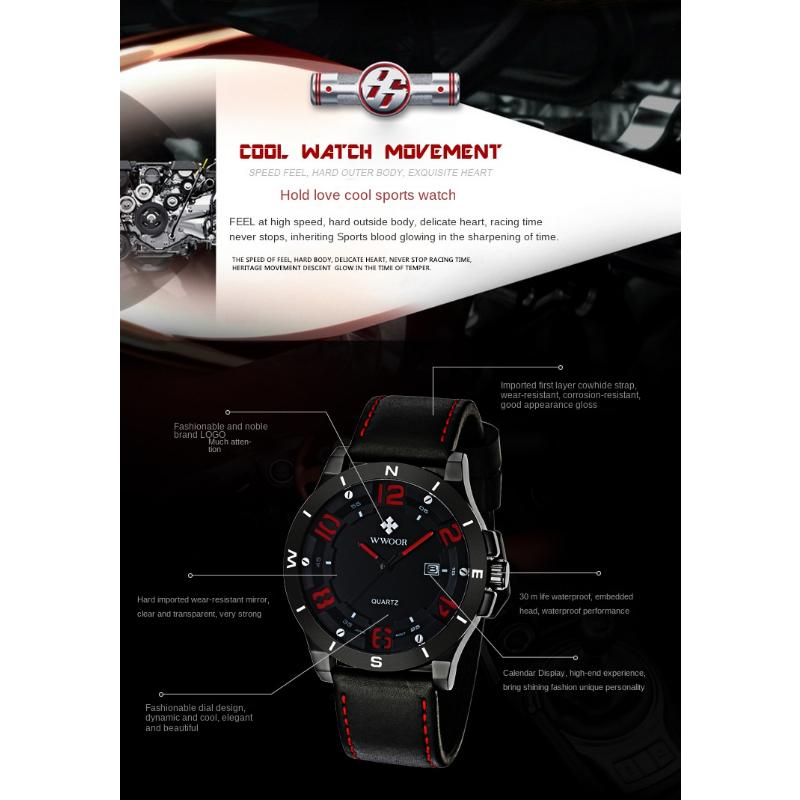 WWOOR Спортивные мужские часы с кожаным ремешком Матовый черный корпус с календарем Водонепроницаемые кварцевые часы