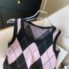 Autumn Fashion Casual Argyle Knitted Sweater Vest Women Winter Retro Sleeveless Pullover Sweater Women Waistcoat  Round Neck Knitwear Vests 24821