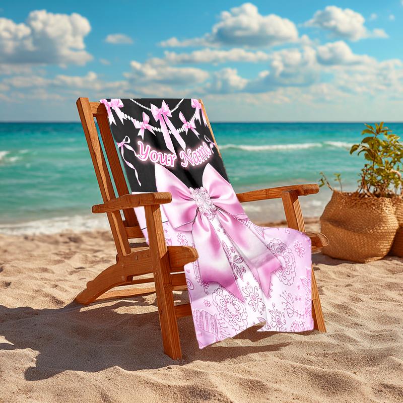 1PC Custom Name Pink Bow Elegance Beach Towel Highly Absorbent And Sand-Resistant Towel for Swimming, Pool, Yoga, And Travel Lightweight