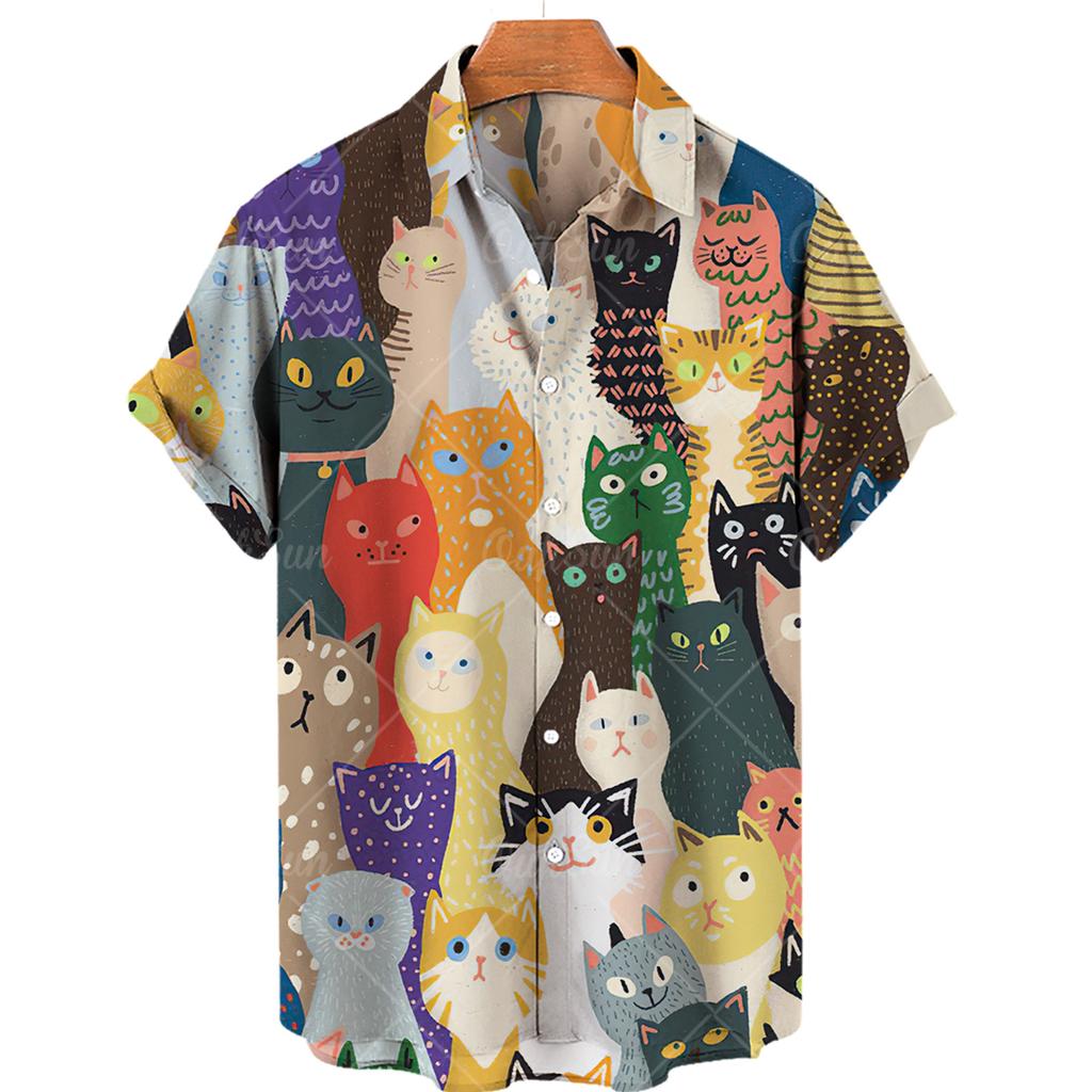 С милым принтом кота мужская рубашка забавные аниме коты мужская рубашка с воротником на пуговицах лацкан модная гавайская рубашка с коротким рукавом повседневная