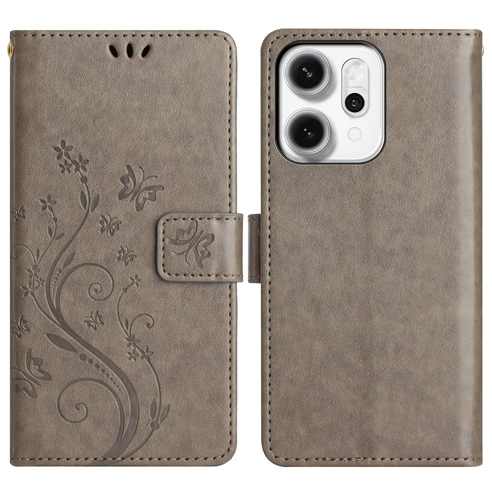 For Oppo Reno14 Pro 5G (Global)/Reno13 Pro 5G Leather Wallet Case Butterfly Flower Imprint Phone Cover with Strap