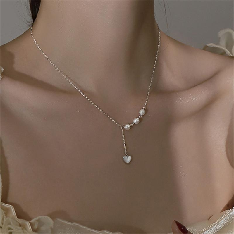 925 Sterling Silver Heart Charm Necklace Pendant Round Pearl for Women Wedding Party Jewelry Accessories Choker Necklace Chain