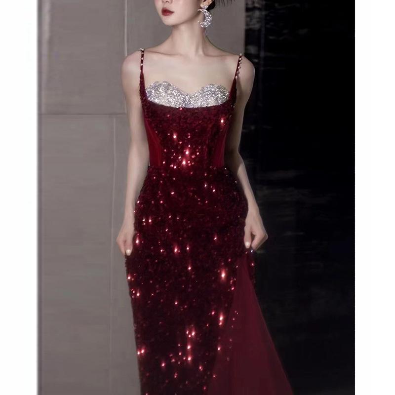 Suspender Toast Bride Wedding Return Girl Summer Style Sequin Engagement Dress French Evening Dress Burgundy