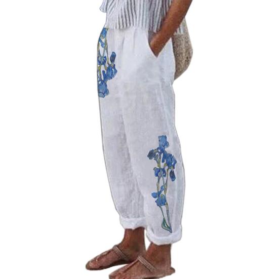 Pockets Bottoms Attractive Floral Print Simple White Pants Women Trousers