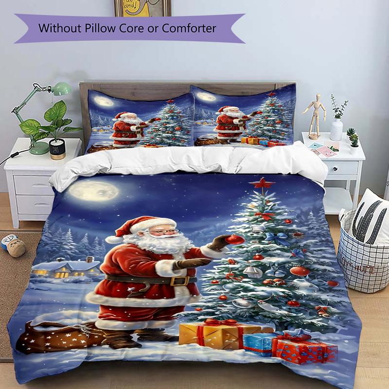 Santa Decorates Christmas Tree Print 3Pcs Bedding Set,Duvet Cover with 2 Bedro,Pillowcase Home Birthday Gift