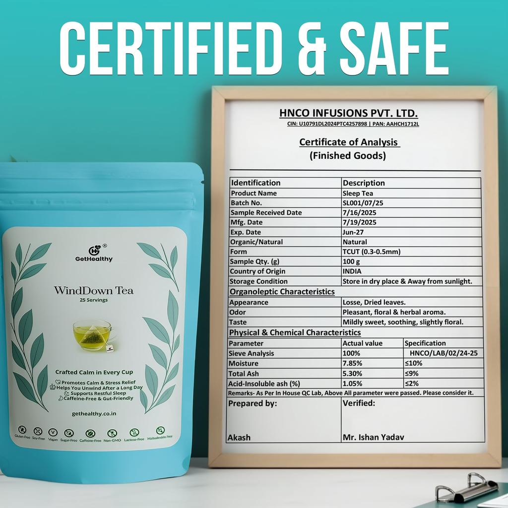 GetHealthy® WindDown Tea™ for Sleep | Caffeine Free Bedtime Herbal Blend with Chamomile, Ashwagandha & Lavender | Relaxing Sleep Tea for Nig