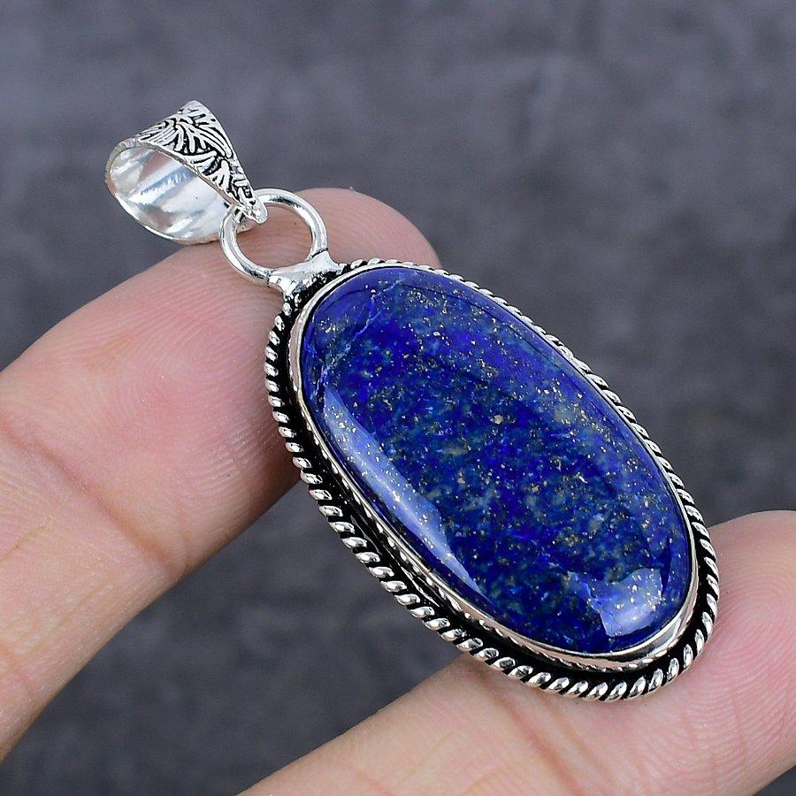 Лазурит Драгоценный камень Ручная работа 925 Стерлинговое серебро Ювелирное изделие Подвеска 2.05" e2L76