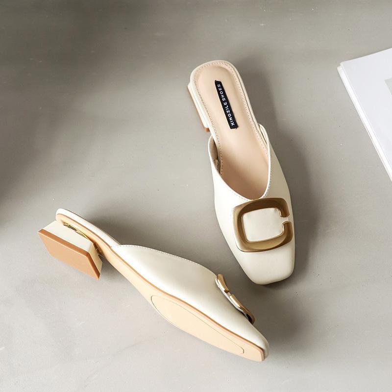 Leather Bag Head Sandals Women's Thick Heels Ins Half-drag Lazy Shoes Fashionable Outer Wear 2025 Summer New Cool Slippers