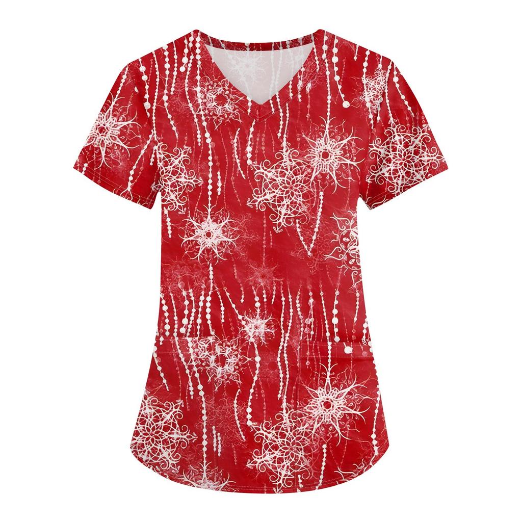 Women's Fashion V-neck Short Sleeve Workwear With Pockets Christmas Printed Tops