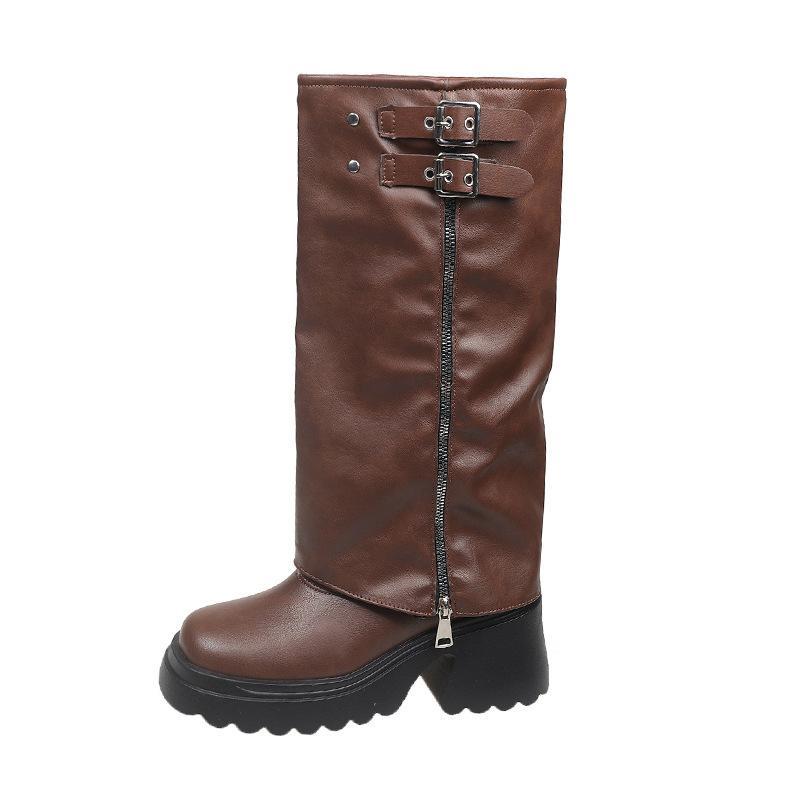 Женские ботинки на толстой подошве 2025 осень и зима новые модели, но ботфорты, маленькие ботильоны, женские ботинки-рыцари на платформе