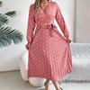 Women's Long Sleeve Dress V-Neck Polka Dot Dress with Tie Waist Long Pleated