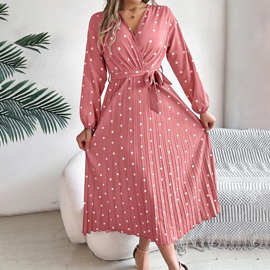 Women's Long Sleeve Dress V-Neck Polka Dot Dress with Tie Waist Long Pleated Dress for Office Parties Date