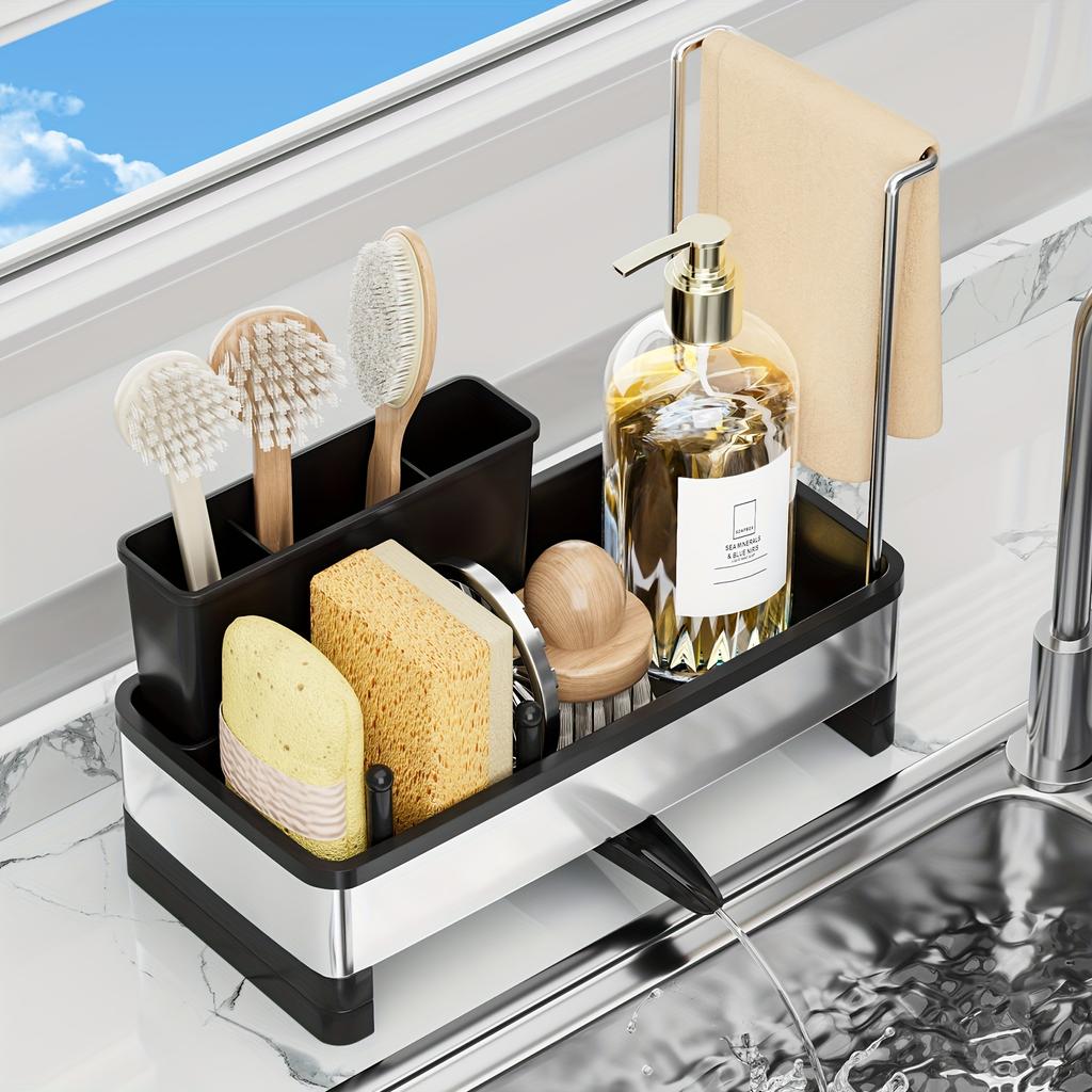 1 шт. Держатель для губки из нержавеющей стали с поддоном для слива - многофункциональный органайзер для кухни и ванной комнаты для чистящих средств, полотенец и щеток