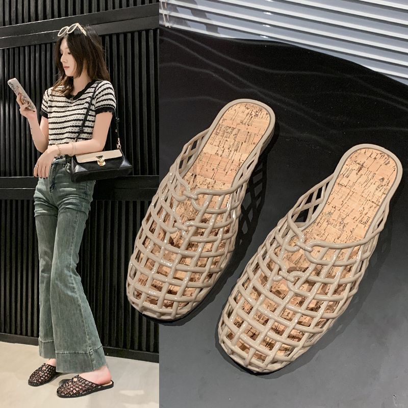 Модные сетчатые нескользящие сандалии с плоской подошвой и отверстиями для пляжа, новинка лета и осени 2025 года, прозрачные шлепанцы с закрытым носком и вырезами