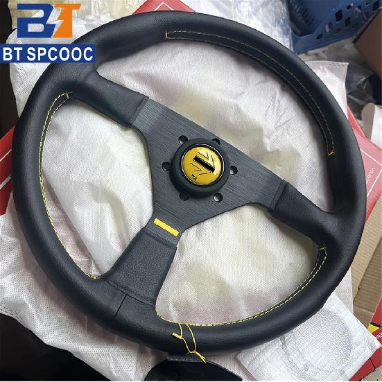 Blue Yellow Stitching Italy Style V1 Steering Wheel Real Leather 14inch 350mm Flat Italy Back Engraving Racing Street Sport