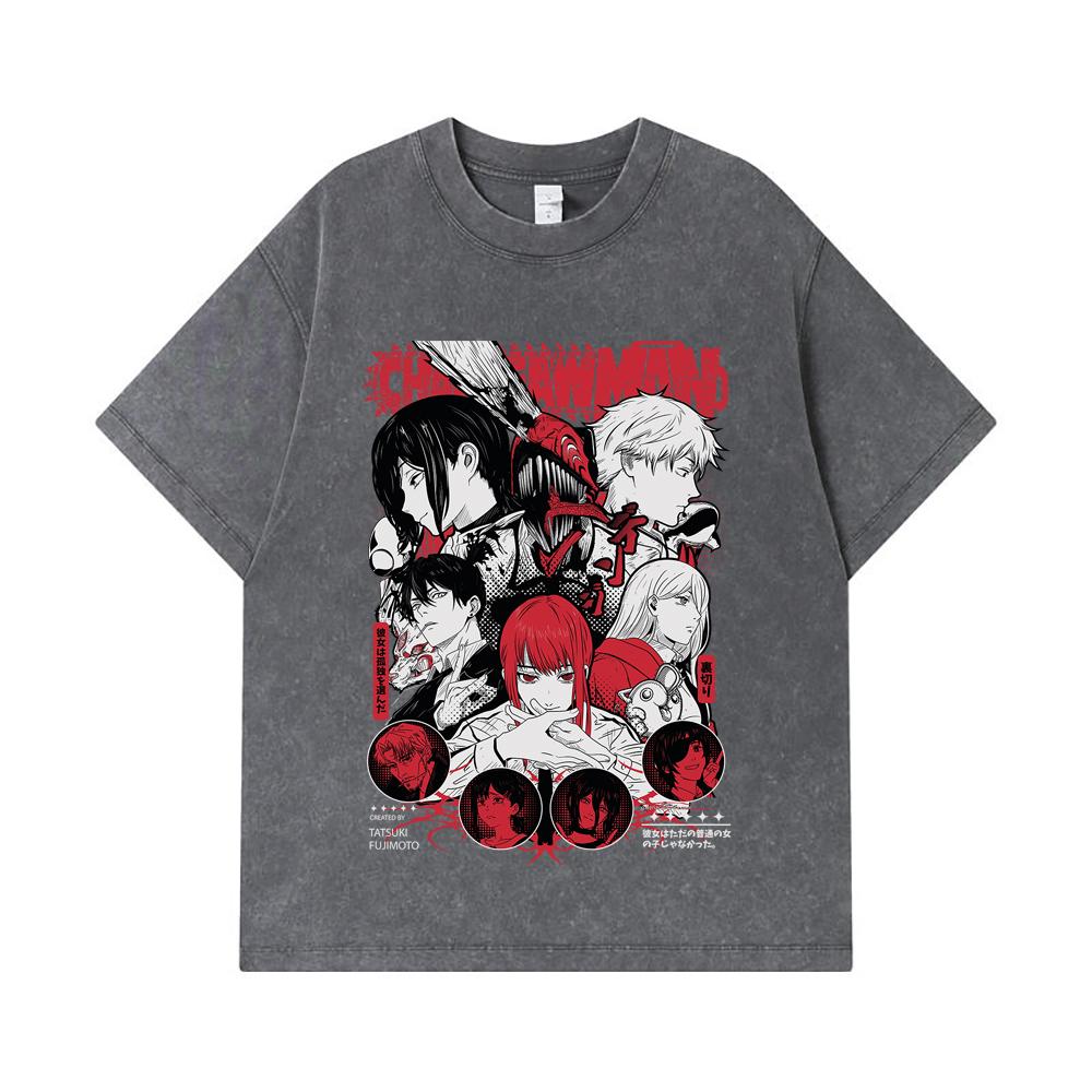 275 GSM Washed T-shirts 100% Cotton Chainsaw Man V60 Print Unisex Heavy Cotton T Shirt