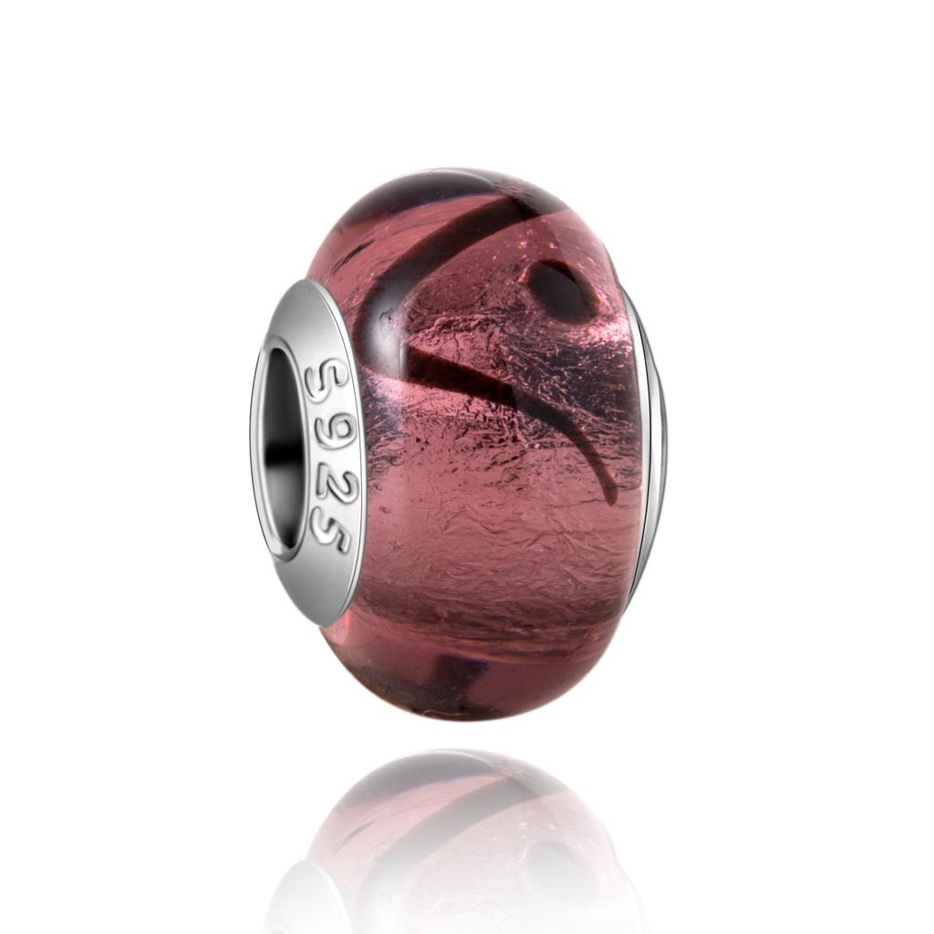 Муранское стекло Серия стерлинговое серебро 925 пробы Медный павлин синий и лепесток цветка Вращается Шарм Подходит для браслета Женские изящные циркониевые аксессуары