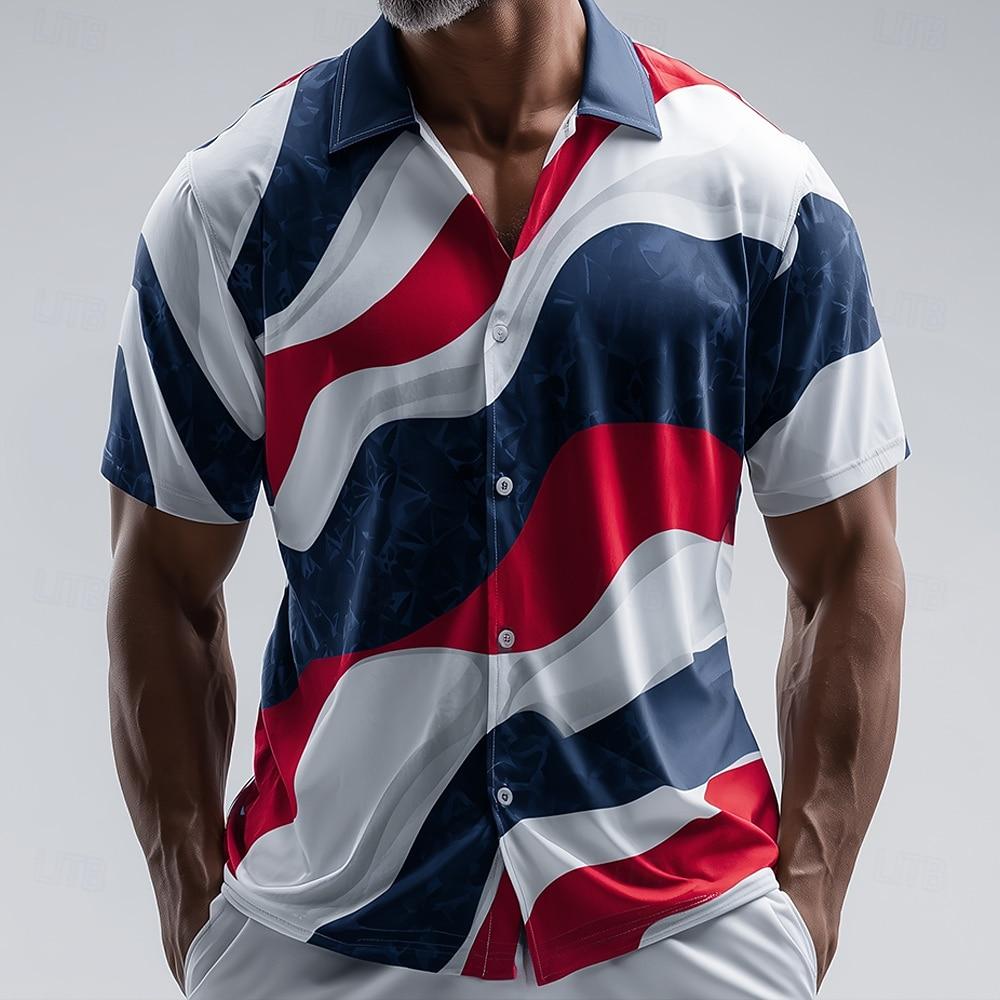 Men's Spring Summer Casual Streetwear Shirt US Flag Football Soccer 3D Print Turndown Collar Short Sleeve Button Up White Shirts