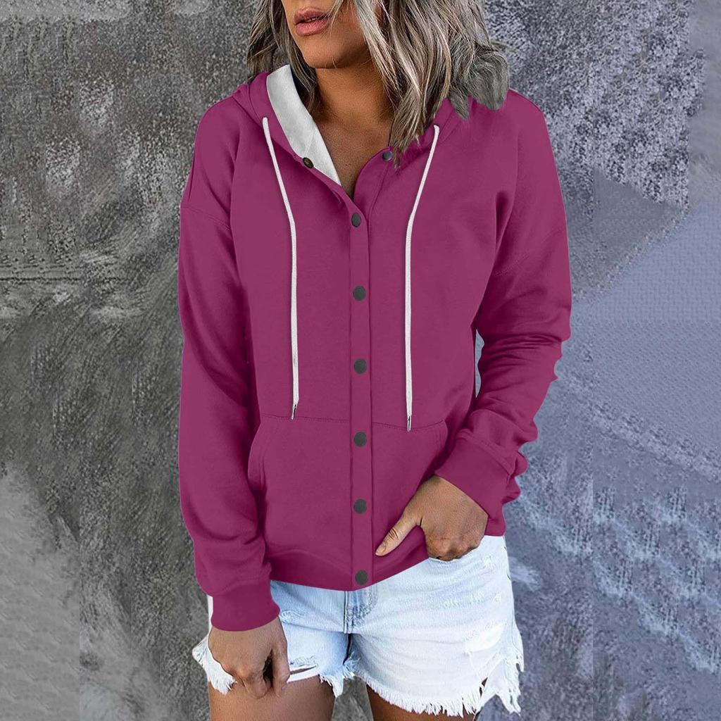 Women's Fashion Casual Solid Colour Button Hoodie Long Sleeve Sweatshirt Drawstring Jacket Coat