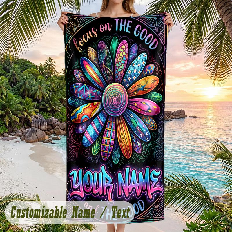 Flower Power Groovy Art Theme Quick Dry Beach Towel Custom Name Text Print Large Sand Resistant Towel Beach Vacation