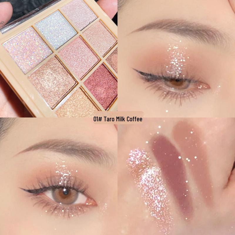 9-Color Earth Tone Eyeshadow Palette: High-Gloss, Fine Glitter, Pearlescent, Matte Finishes with a Nine-Square Grid.