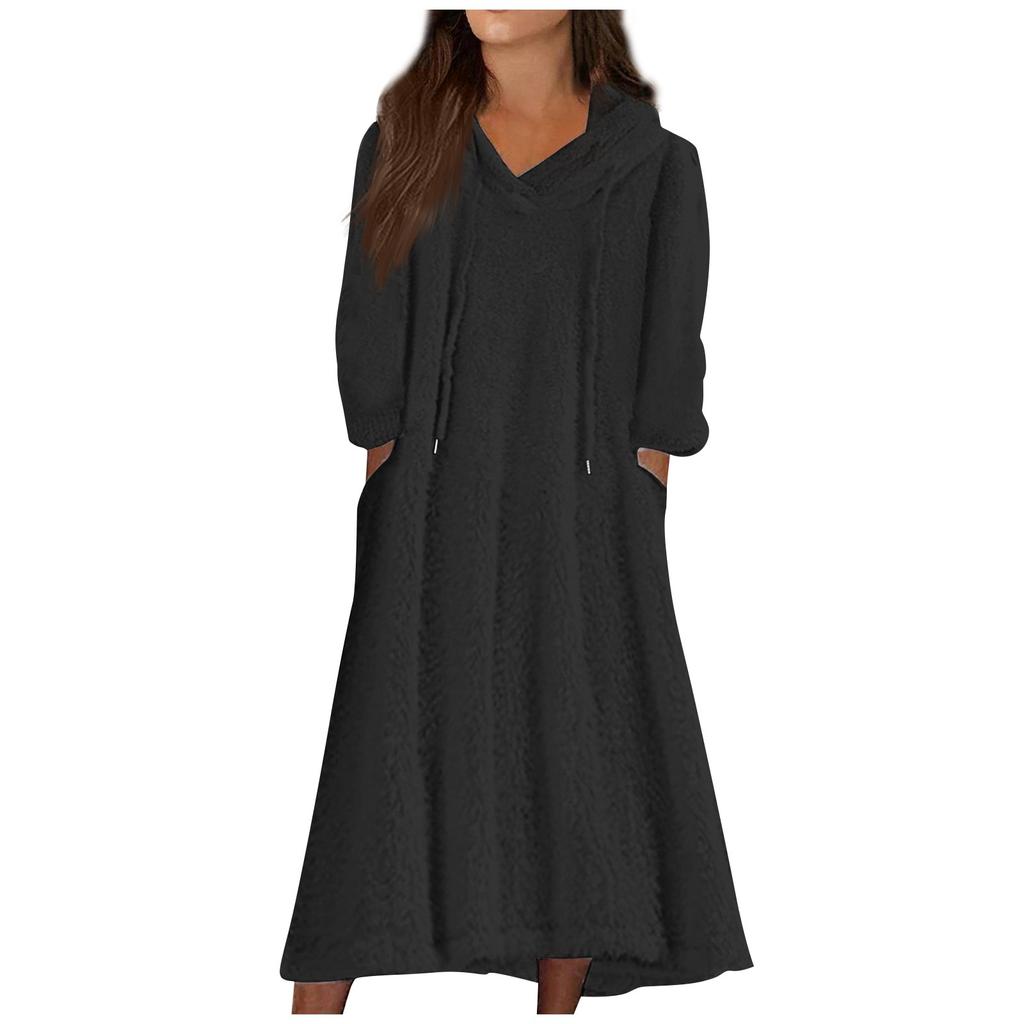 Women's Casual Round Neck Long Sleeved Pullover Loose Wool Hooded Long Sleeved Dress