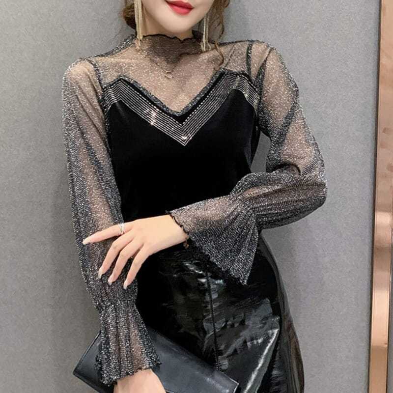 Новый сетчатый женский весенне-осенний топ с кружевом и стразами, модный, приталенный, универсальный, сексуальный, с длинным рукавом