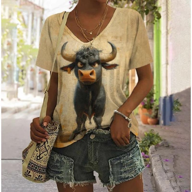 Summer V-neck 3D Animal Flower Printed Top Fashionable Casual Short Sleeved Women's T-shirts