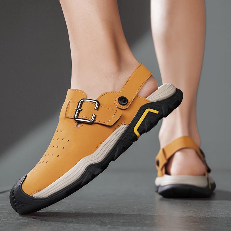 Модные мужские сандалии из перфорированной кожи, летние классические шлепанцы двойного назначения, мягкие, модные, повседневные, удобные, для улицы, пляжа, ходьбы