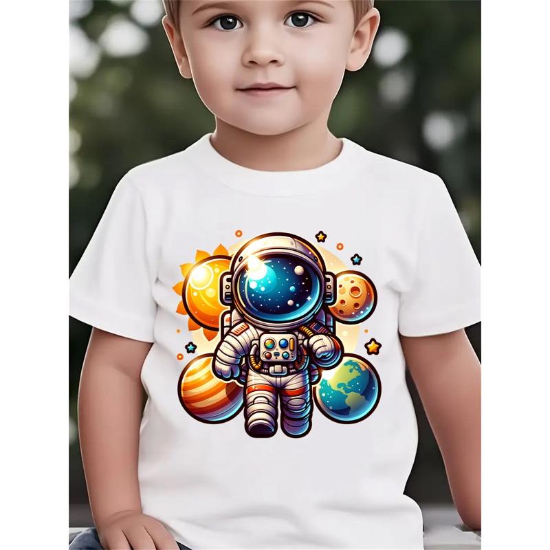 Boys Sun Planet Astronaut Space Cartoon Print Crewneck Short Sleeve Tee, Fashion Summer Casual Top