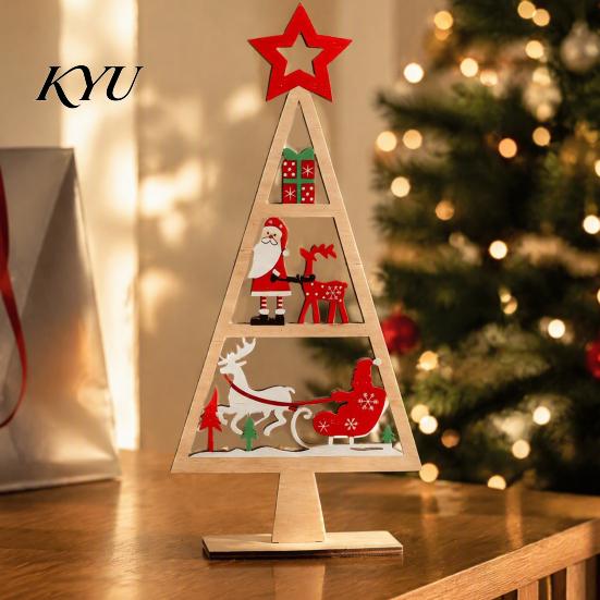 Vintage Style Xmas Decor Wooden Tabletop Christmas Tree Decor, Hollow Ornament, Farmhouse Desktop Ornament Centerpiece for Holiday Party Home